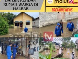 Banjir Rendam Rumah Warga Desa Todowongi, Polairud Halbar Turun Bantu Warga